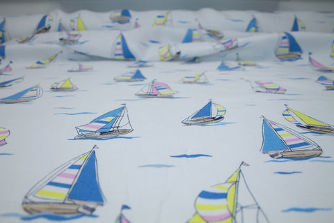 Come Sail Away Linen - Blue/Pink/Yellow on White
