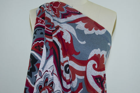 Lightweight Textured Paisley Sweater Knit - Reds/Grays/Black/White