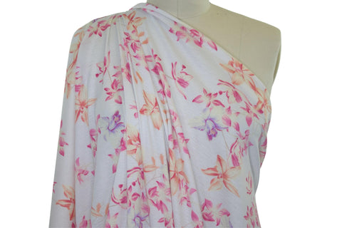 Gauzy Floral Novelty Knit - Pink Tones on White
