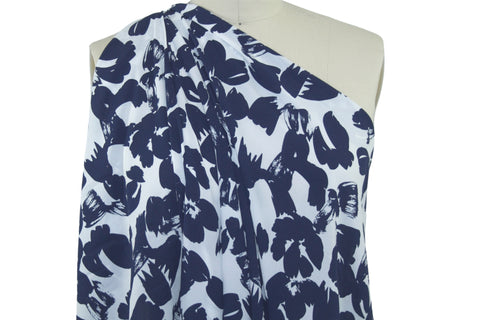 NY Designer Abstract Floral Stretch Crepe - Navy/White