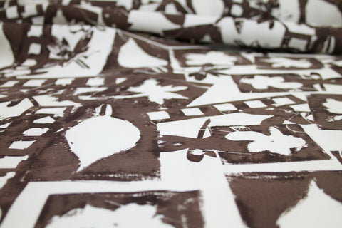 3/4 yards of Abstract Leaf Print Silk Mikado - Brown/Silk White