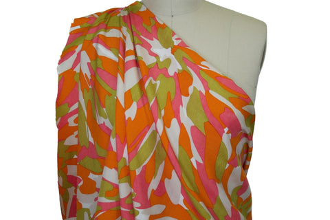 Mid Century Style Floral Silk Linen - Pink/Orange/Green/White