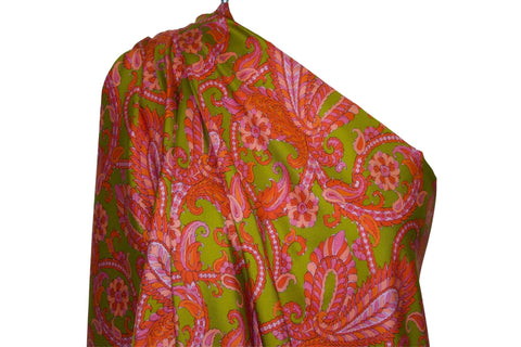 Mid-Century Style Paisley Silk Twill - Pink Tones on Chartreuse