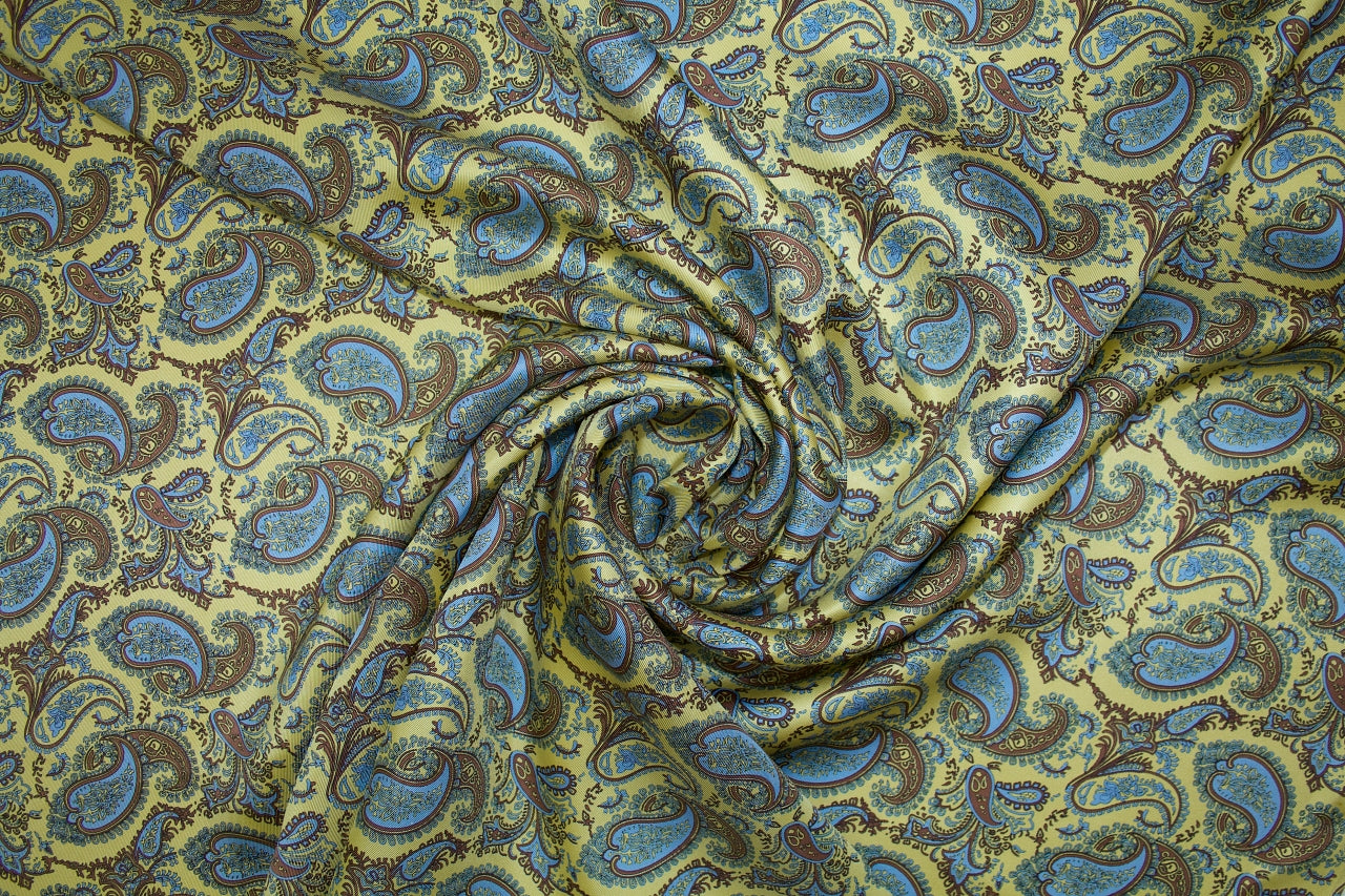 Paisley Heavy Silk Twill - Brown/Blue on Yellow