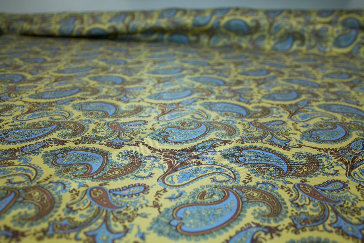 Paisley Heavy Silk Twill - Brown/Blue on Yellow