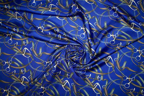 Wide Equestrian Print Silk Twill - Browns/Greens on Royal Blue