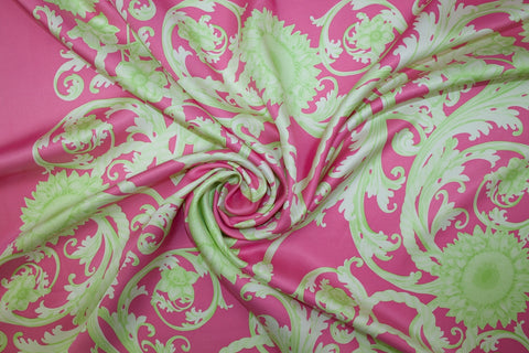 Floral Filigree Panel Heavy Silk Twill - Lime on Pink