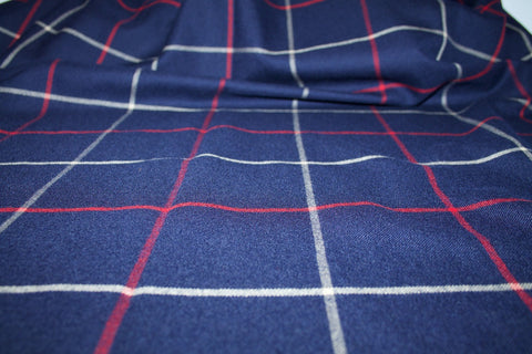 Italian Windowpane Plaid Wool Flannel - Red/Beige on Navy