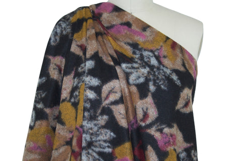 Italian Haute Couture Bold Scale Floral Wool Sweater Knit - Golds/Pinks on Black